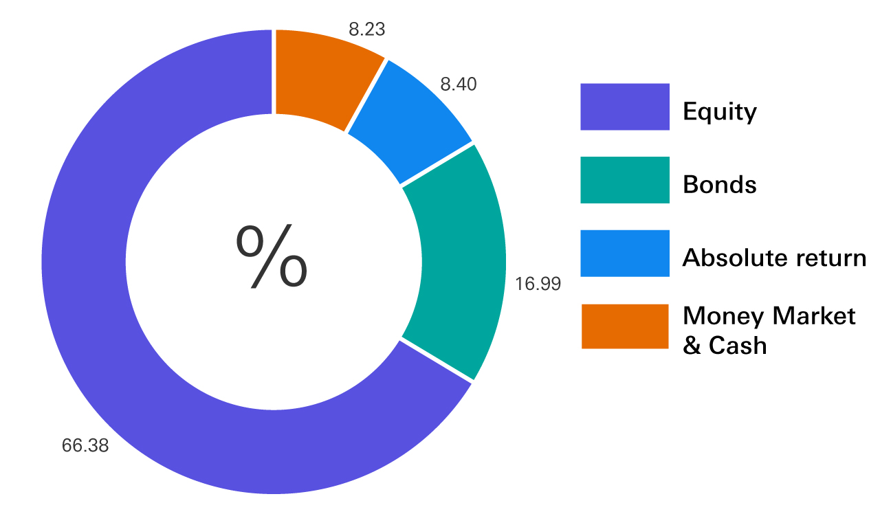 Equity 66.38%, Bonds 16.99%, Absolute return 8.40%, Money Market & Cash 8.23%