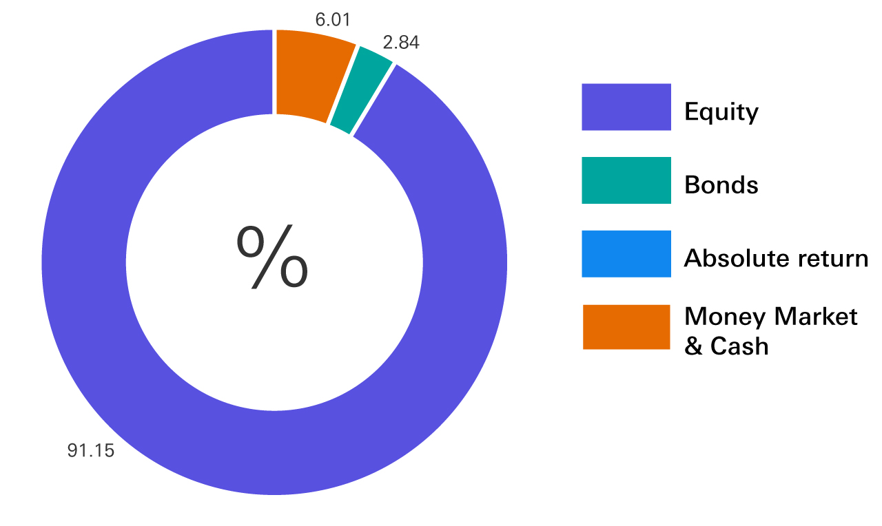 Equity 91.15%, Money Market & Cash 6.01%, Bonds 2.84%