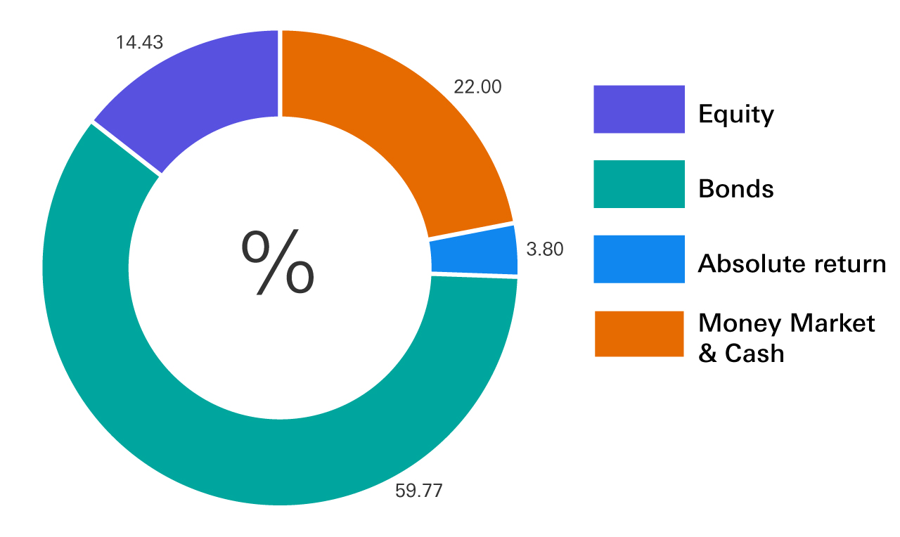 Bonds 59.77%, Equity 14.43%, Money Market & Cash 22%, Absolute return 3.80%