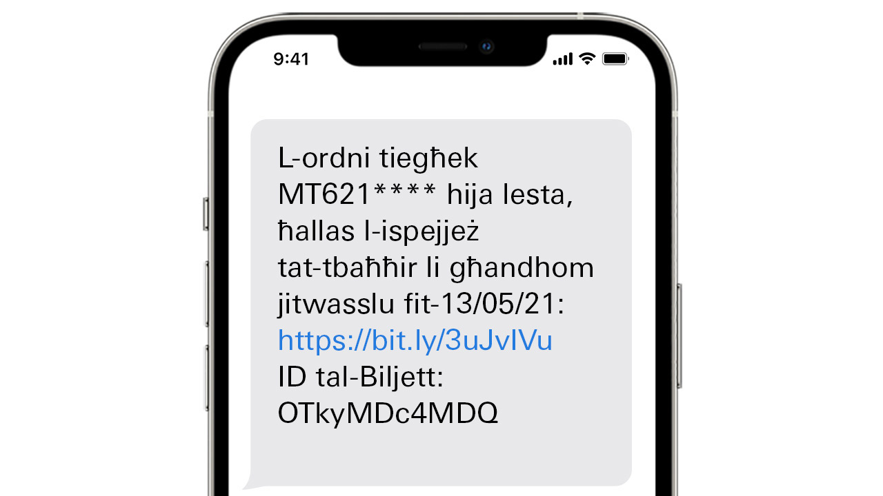 L-ordni tiegħek MT621**** hija lesta, ħallas l-ispejjeż tat-tbaħħir li għandhom jitwasslu fit-13/05/21: https://bit.ly/3uJvIVu ID tal-Biljett: OTkyMDc4MDQ